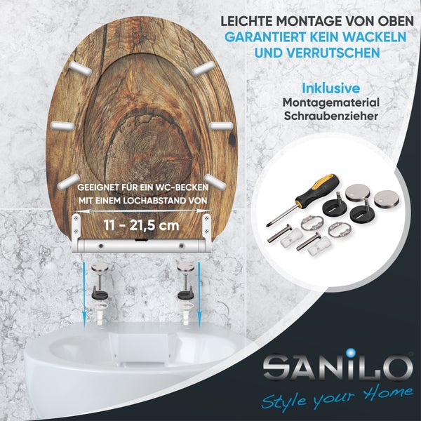 WC-Sitz mit Holzmaserung, inklusive Montagematerial und Schraubenzieher, passend für Lochabstände von 11 bis 21,5 Zentimeter. Sanilo Logo.