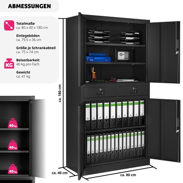 Aktenschrank tectake  180 x 80 x 40 cm aus pulverbeschichtetem Stahl schwarz/schwarz