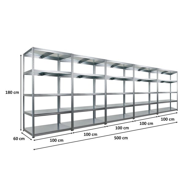 Langes, silberfarbenes Metallregal mit mehreren Ebenen und den Maßen 180 cm Höhe, 60 cm Tiefe und 500 cm Breite