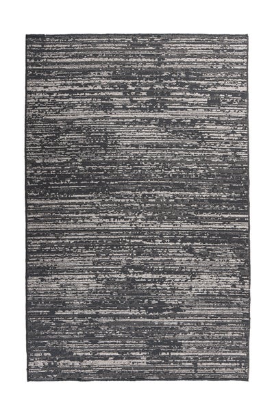 Rechteckiger Flachgewebe-Teppich mit abstraktem horizontalem Streifenmuster in Anthrazit und Grau.