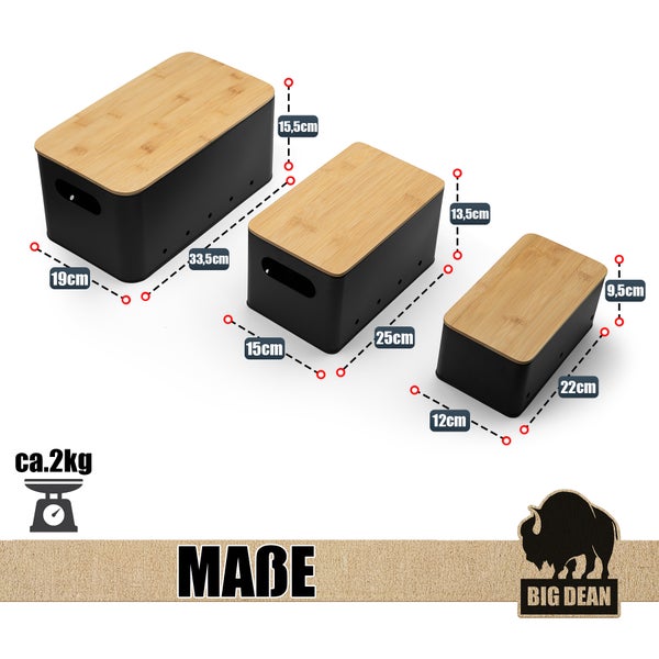 Drei Aufbewahrungsboxen aus Kunststoff mit Bambusdeckel in verschiedenen Größen