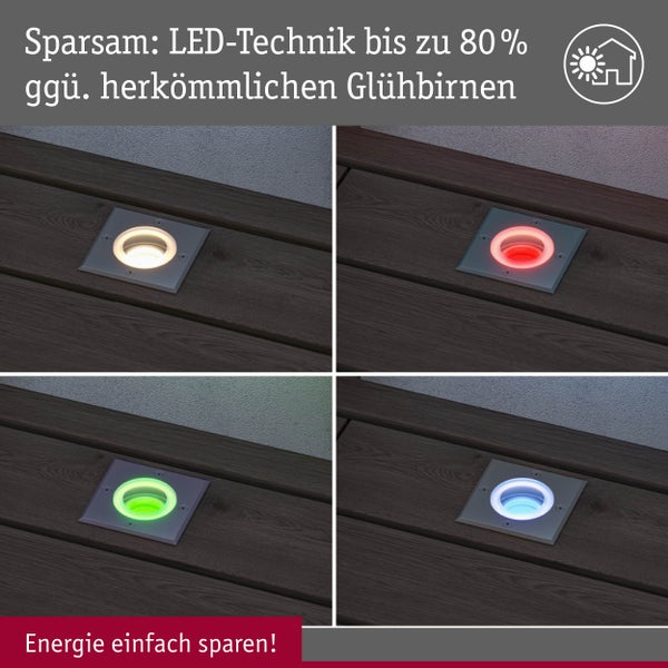 Quadratische LED-Bodeneinbauleuchte in einer Holzterrasse mit verschiedenen Lichtfarben und Hinweis auf 80 Prozent Energieersparnis.