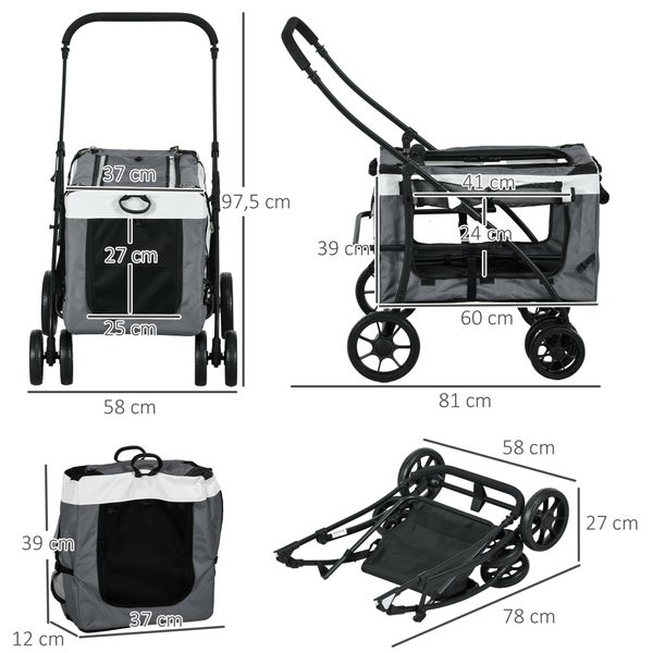 PawHut 2 in 1 Hundebuggy Haustierwagen Hundetrolley mit abnehmbarem Korb, 2 Sicherheitsleinen Klappbarer Katzenwagen für kleine und Miniaturhunde, Oxford, Grau