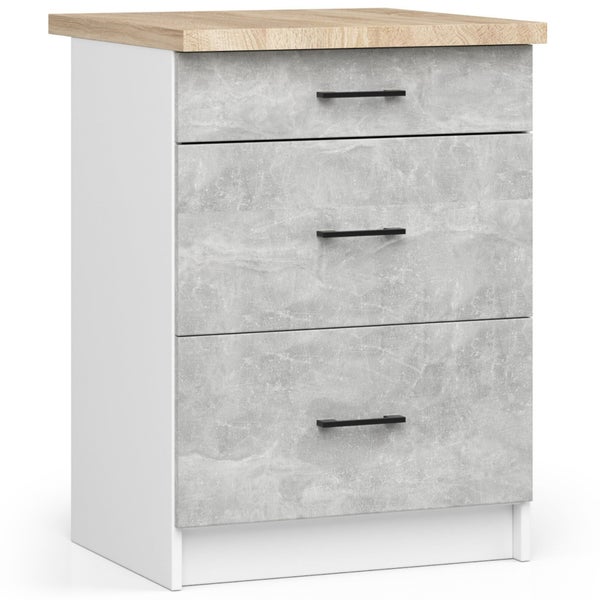 Nachttisch mit drei Schubladen in Betonoptik und Holzplatte
