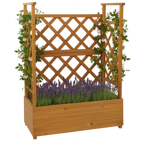 Pflanzkasten aus Holz mit integriertem Rankgitter und Seitenwänden, bepflanzt mit Lavendel und Kletterpflanzen.