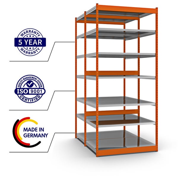 PROREGAL Fachbodenregal Stecksystem Vierkant-Profil Grundregal HxBxT 300 x 132,5 x 80 cm 2x7 Ebenen Doppelseitige Bauart Fachlast 200 kg Orange