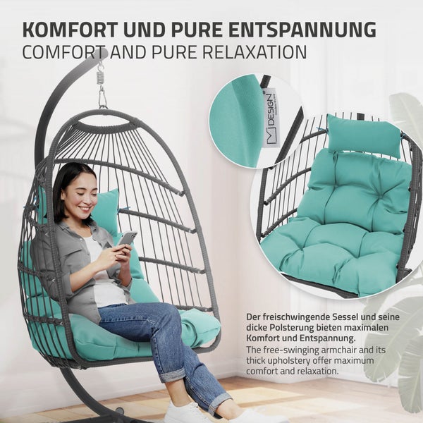 ECD Germany Hängesessel mit Gestell und Kissen + Deckenhalterung, Türkisgrün, Rattan-Optik, Stahl, höhenverstellbar & faltbar, Indoor/Outdoor, Hängestuhl Hängekorb Hängeschaukel Hängesitz, für Garten