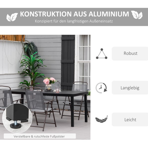 Gartenmöbel-Set aus Aluminium, rechteckiger Tisch und Stühle auf Terrasse, robust, langlebig, leicht, mit verstellbaren, rutschfesten Füßen.