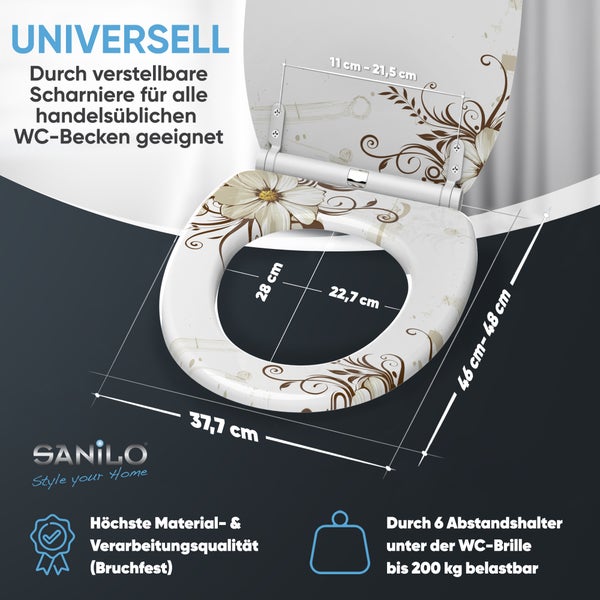 Sanilo WC-Sitz mit Blumenmuster und verstellbaren Scharnieren, passend für handelsübliche Toilettenbecken, Maße sind dargestellt