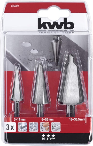 kwb HSS Blech-Schälbohrer Set, 3-teilig für Edelstahl, Konus-Bohrer stufenlos für hochlegierte Stähle