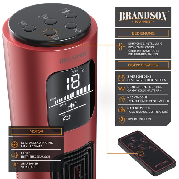 Brandson Turmventilator, 60 Grad oszillierend, Standventilator inkl. Fernbedienung, mobiler Lüfter, Säulenventilator, 96 cm