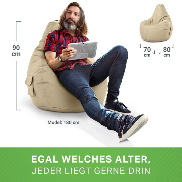 Green Bean Sitzsack mit Rückenlehne 80x70x90cm - Gaming Chair mit 230L Füllung Kuschelig Weich Waschbar - Bean Bag Bodenkissen Lounge Chair Sitzhocker Relax-Sessel Gamer Gamingstuhl Beige