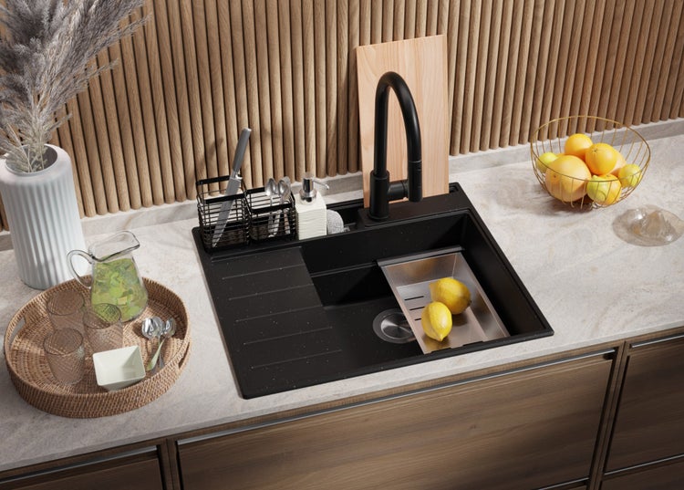 PRIMAGRAN Spülbecken Schwarz Metallic 62x53cm, Granitspüle 1 Becken + Ablauf-Set + Küchenzubehörset, Küchenspüle ab 45er Unterschrank - Sydney Pocket