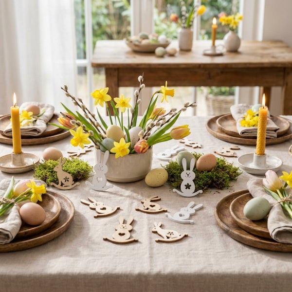 Festlich gedeckter Ostertisch mit Blumen, Ostereiern, Holzhase-Dekorationen und brennenden Kerzen in einer hellen und wohnlichen Atmosphäre.