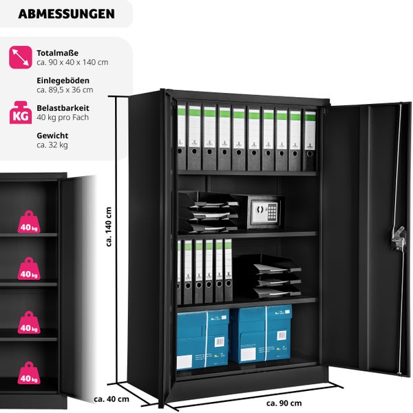 Aktenschrank tectake  140 x 90 x 40 cm aus pulverbeschichtetem Stahl schwarz