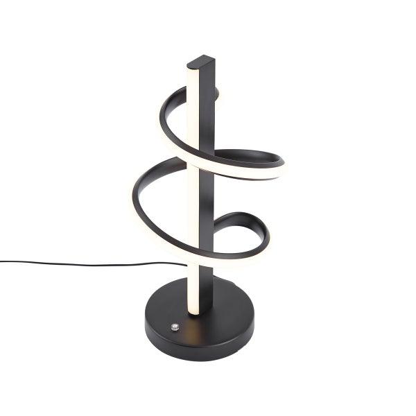 Moderne LED-Tischleuchte aus schwarzem Metall mit spiralförmigem Lichtelement und rundem Standfuß.