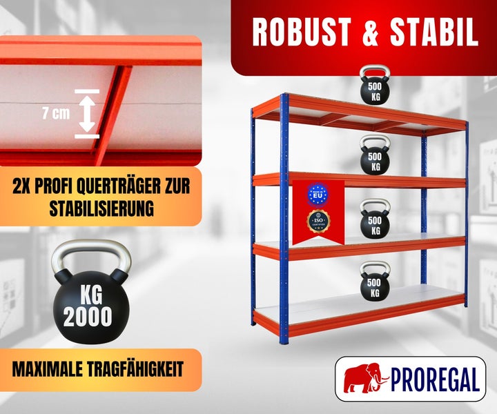 Proregal Schwerlastregal, 4 Böden, 2000 Kilogramm Traglast. 500 Kilogramm und zwei 7 Zentimeter Querträger pro Ebene. Made in EU, ISO. Proregal Logo.