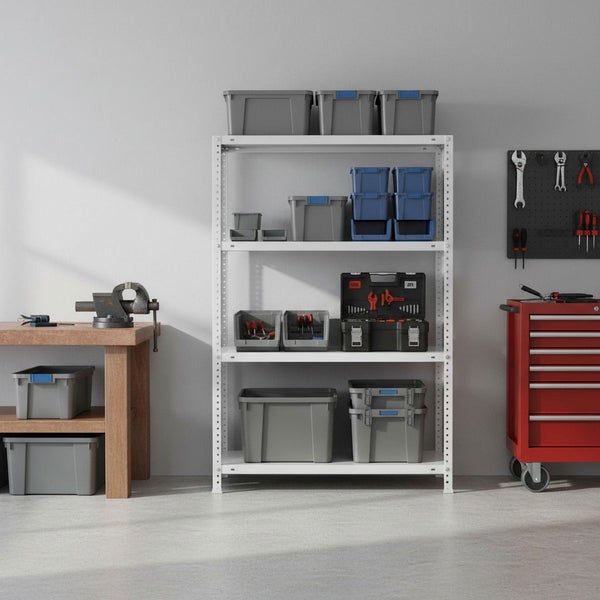 Organisierte Werkstatt mit weißem Metallregal, grauen Lagerboxen, einer hölzernen Werkbank mit Schraubstock und einem roten Werkstattwagen.