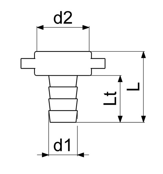Technische Zeichnung eines Schlauchverbinders mit Maßangaben für Durchmesser d1, Durchmesser d2, Gesamtlänge L und Teillänge Lt.