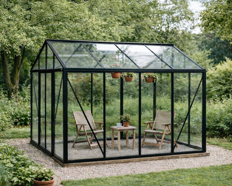 Modernes Gewächshaus mit schwarzem Metallrahmen und Glaswänden, genutzt als Gartenzimmer mit zwei Holzstühlen und Tisch auf Kiesboden.