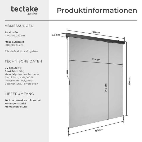 Senkrechtmarkise tectake Eloise inkl. Wandhaltern verschiedene Größen hellgrau