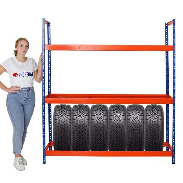 PROREGAL Reifenregal Tiger XL HxBxT 200 x 180 x 45 cm bis zu 21 Reifen auf 3 Ebenen Blau/Orange