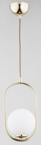 Moderne Pendelleuchte mit Metallrahmen in U-Form und weißer Glaskugel an einem Kabel mit Deckenbaldachin