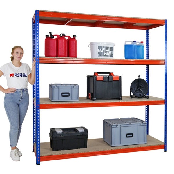 PROREGAL Profi Schwerlastregal Bison HxBxT 200 x 200 x 60 cm 4 Spanplatten-Ebenen 16mm Fachlast 600 kg Blau-Orange