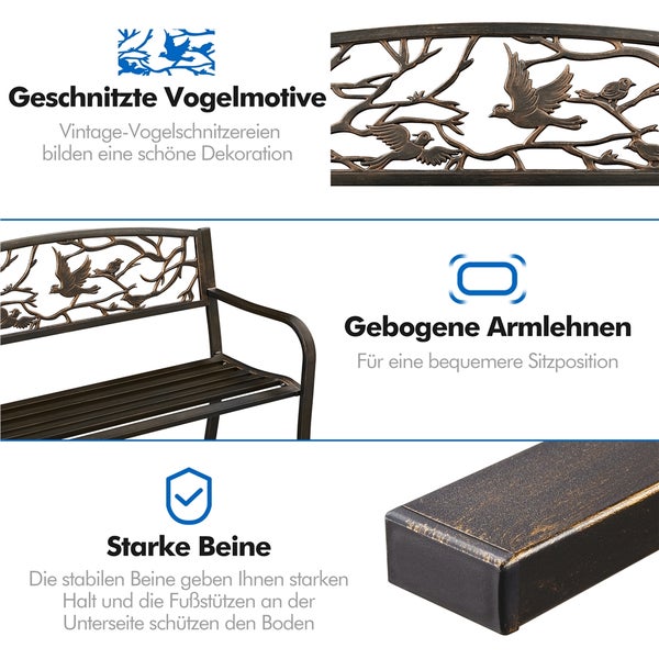 Gartenbank aus Metall mit dekorativem Vogelmotiv an der Rückenlehne, gebogenen Armlehnen und stabilen Beinen mit Bodenschutz.