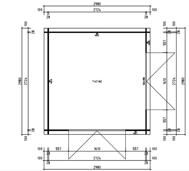 Technischer Grundrissplan für ein Gartenhaus mit Maßangaben in Millimetern und einer Grundfläche von 7,42 Quadratmetern.