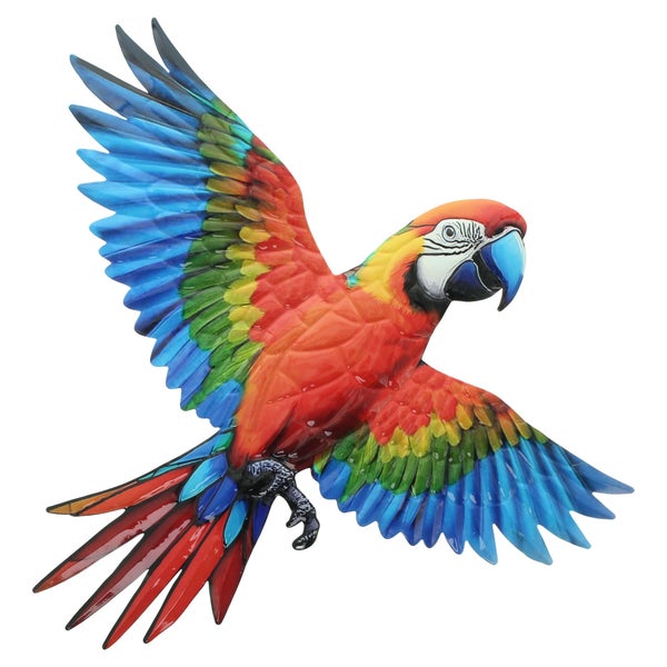 Wanddekoration Papagei aus Metall, bunter fliegender Ara für Garten und Innenbereich.