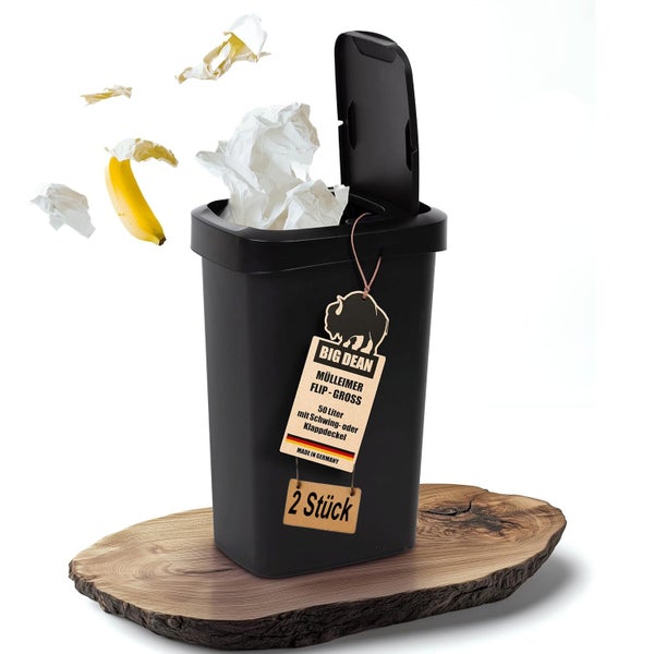Schwarzer Big Dean Mülleimer Flip-Gross 50 Liter mit Schwing- oder Klappdeckel, hergestellt in Deutschland, 2 Stück