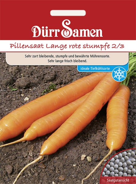 Dürr Samen Logo, Pillensaat Möhren Lange rote stumpfe 2/3. Samentüte mit Abbildung von Karotten auf Erde und Detailansicht der pillierten Samen.