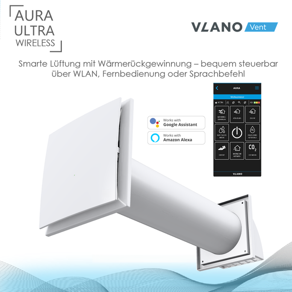 Vlano Aura Ultra Wireless Lüftungssystem mit Wärmerückgewinnung, steuerbar über WLAN, Fernbedienung oder Sprachbefehl