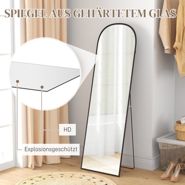 HOMCOM Ganzkörperspiegel, Wandspiegel mit Ständer, Aluminiumlegierungsrahmen, Standspiegel für Wohnzimmer, Schlafzimmer, 161,5 x 50 cm, Aluminium, Schwarz