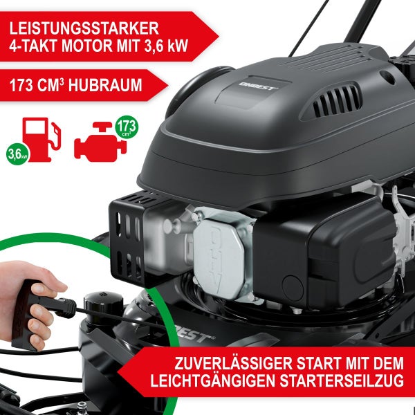 QNBEST 4-Takt Motor eines Rasenmähers mit 3,6 Kilowatt, 173 Kubikzentimeter Hubraum und einem Starterseilzug.
