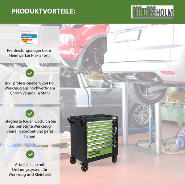 Trutzholm Werkstattwagen mit 254-teiligem Werkzeugsortiment vor Werkstatthintergrund