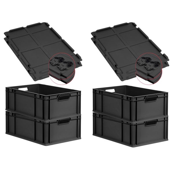 PROREGAL SuperSparSet 4x Eurobox NextGen Grip mit Scharnierdeckel und schwarzen Schiebeschnappverschlüssen, HxBxT 22x40x60cm, 44 Liter, Schwarz, Griffe offen, Verstärkter Boden, Eurobehälter, Transportbox, Transportbehälter, Stapelbehälter