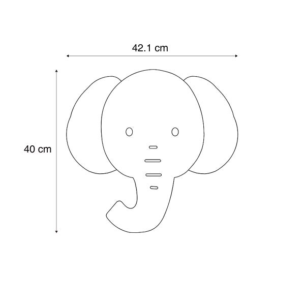 Wanddekoration Elefantenkopf mit den Abmessungen 40 Zentimeter Höhe und 42,1 Zentimeter Breite.