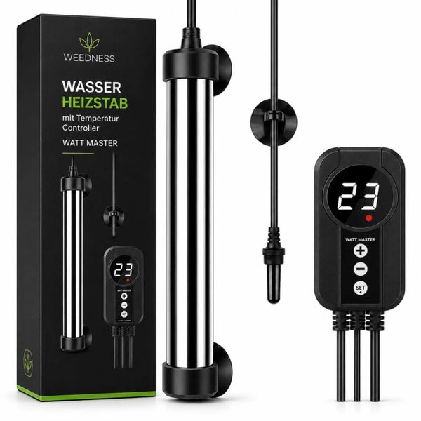Weedness Watt Master Wasserheizstab mit externem Temperaturcontroller und Saugnapfbefestigung für Aquarien oder Pflanzensysteme.