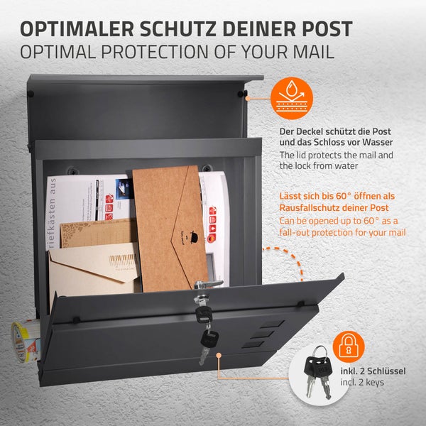 Geöffneter Briefkasten mit Briefen und zwei Schlüsseln