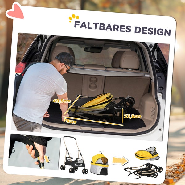 PawHut Hundewagen, 2 in 1 Hundetrolley, Tragetasche, faltbarer Hundebuggy mit Kissen, Katzenwagen für kleine Hunde, Katzen, Katzenbuggy mit  4 Rädern, Netzfenster, Oxfordstoff, Gelb