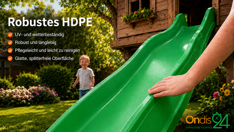 Wetterbeständige Gartenrutsche aus Polyethylen hoher Dichte mit glatter, splitterfreier Oberfläche, Baumhaus und Kind, Ondis 24 Logo.