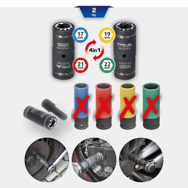 Brilliant Tools Steckschlüsseleinsatz Set mit vier Größen, 17 Millimeter, 19 Millimeter, 21 Millimeter und 22 Millimeter