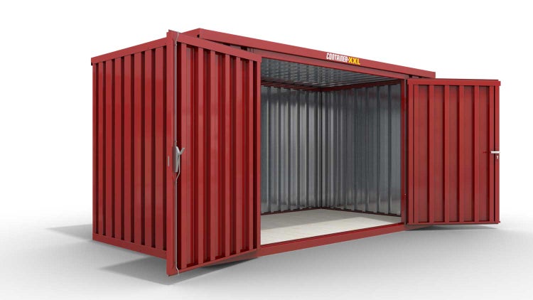 Lagercontainer Gerätehaus M  – 6 qm, H2150 x B3050 x T2170 mm, Außenwandlackierung RAL 3000 feuerrot, Dach außen verzinkt, mit Holzfußboden, 2750 mm Doppelflügeltür mittig in Breitseite, montiert