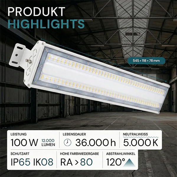 LED-Industrieleuchte mit 100 Watt, 12000 Lumen, 5000 Kelvin, Schutzart IP65, 36000 Stunden Lebensdauer und 120 Grad Abstrahlwinkel.