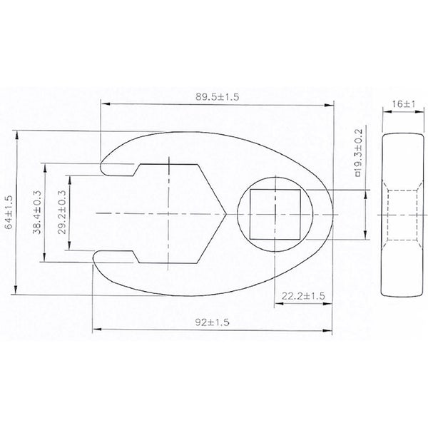 Technische Zeichnung eines Maulschlüssels mit Maßangaben