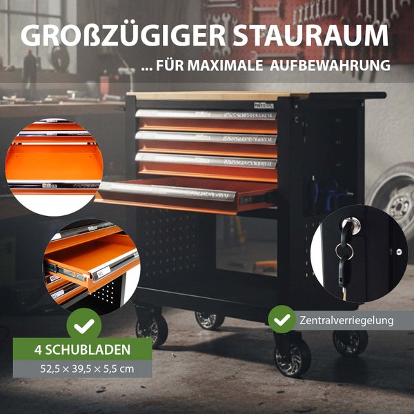 Werkstattwagen mit vier Schubladen, zentraler Verriegelung und großzügigem Stauraum