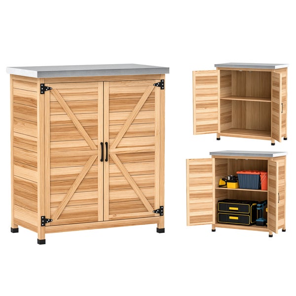 Holz-Gartenschrank mit verzinkter Arbeitsplatte, zwei Türen im X-Design, Ansicht geschlossen, offen und mit Werkzeug befüllt.