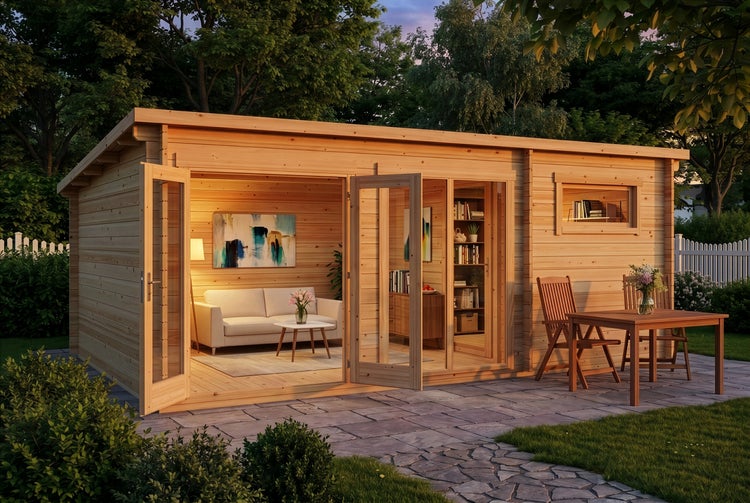 Geräumiges Gartenhaus aus Holz mit großen Glastüren, gemütlicher Inneneinrichtung und hölzerner Sitzgruppe auf einer Steinterrasse im Garten.
